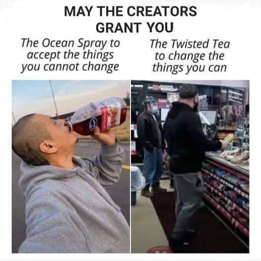 The image is split into two panels. Left: A man in a grey hoodie drinks directly from a large Ocean Spray bottle. Right: A…