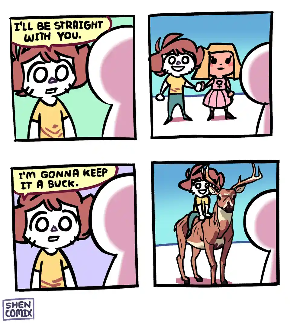 A four-panel comic shows a character saying 'I'll be straight with you,' then holding hands with a girl, then saying 'I'm…