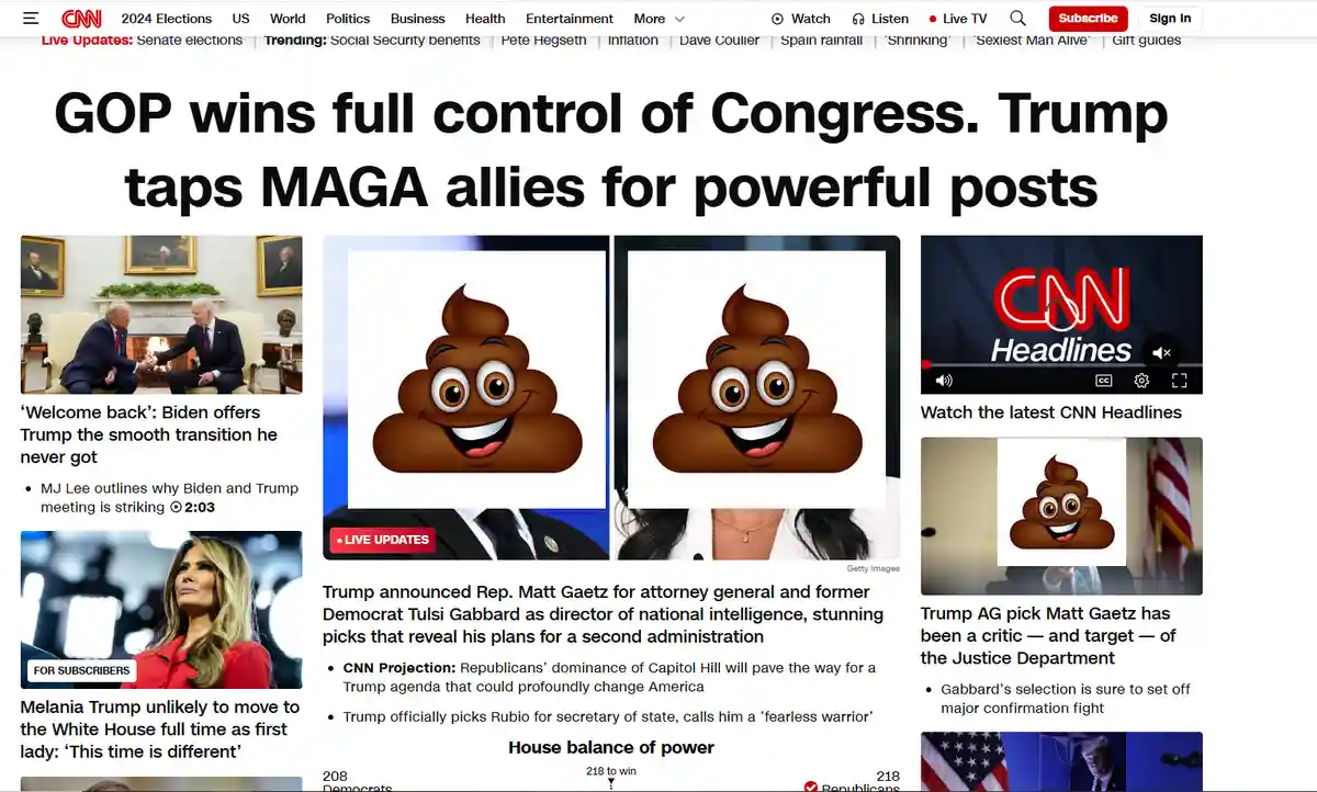 A screenshot of a CNN news page about GOP control of Congress and Trump's appointments, overlaid with two smiling poop emoji…