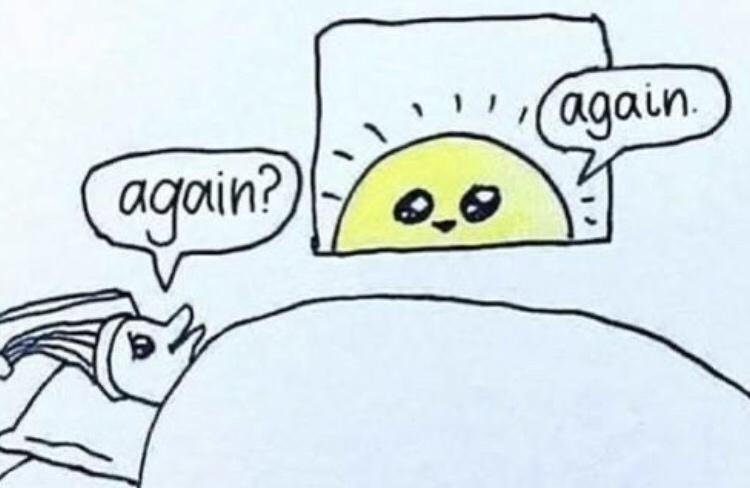 A simple hand-drawn cartoon shows a person in bed, looking up at a smiling sun peeking over the horizon. The person has a…