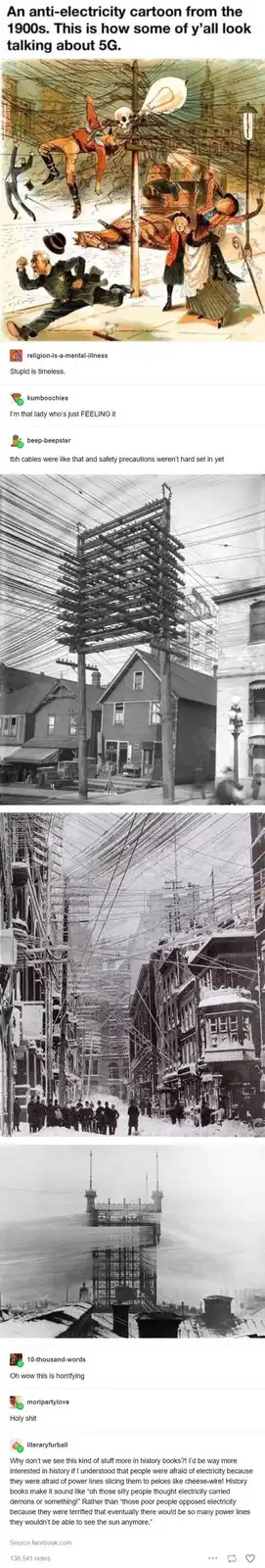 The image is a collage of four photos: a 1900s cartoon showing people being electrocuted by a lightbulb-headed skeleton on a…