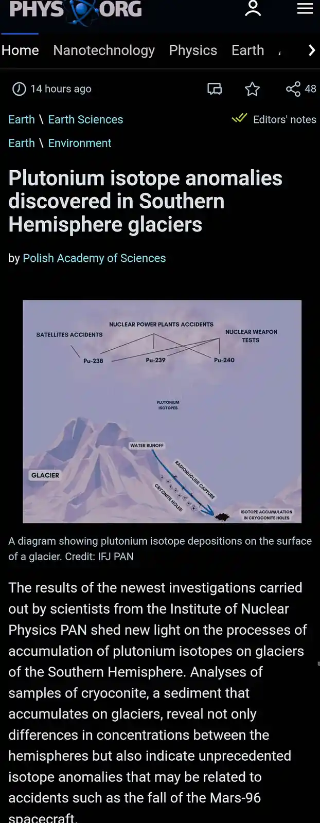 A screenshot of a Phys.org news article about plutonium isotope anomalies in glaciers, featuring a diagram showing how…