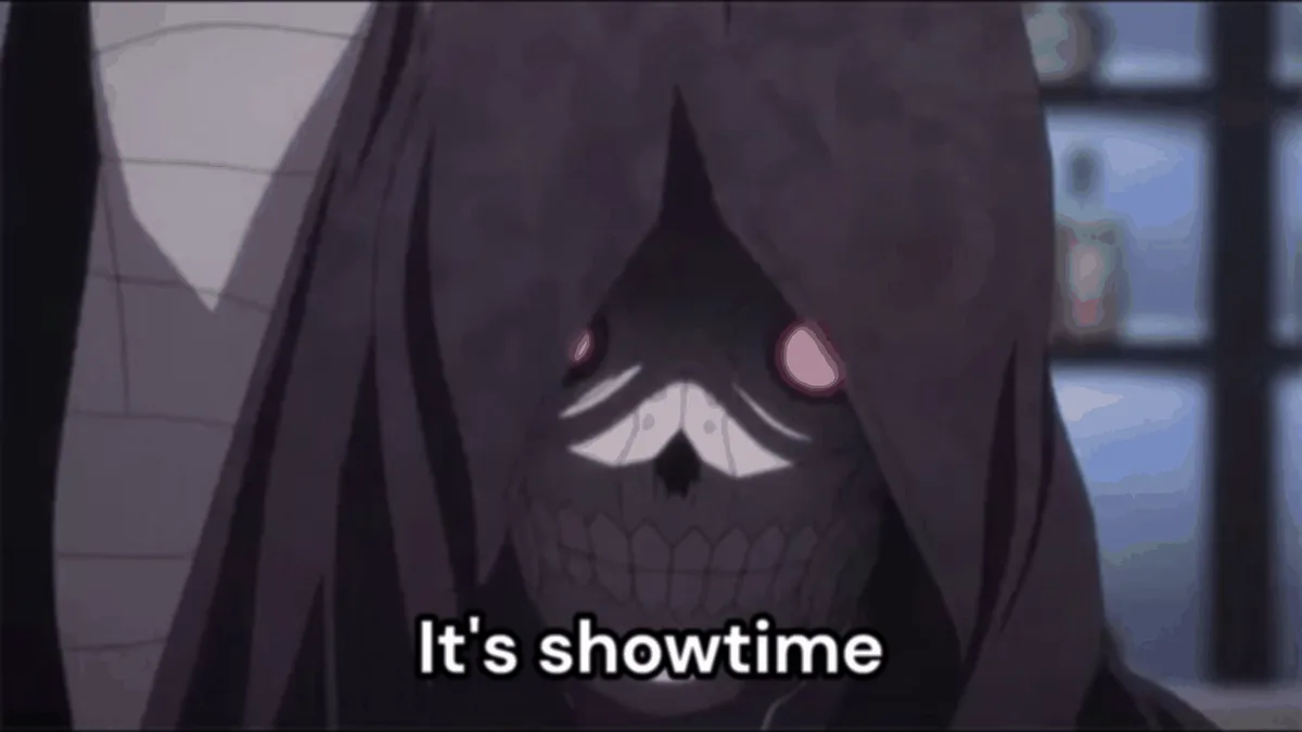 A six-panel anime sequence shows a cloaked, skull-faced character with glowing pink eyes declaring 'It's showtime' as their…