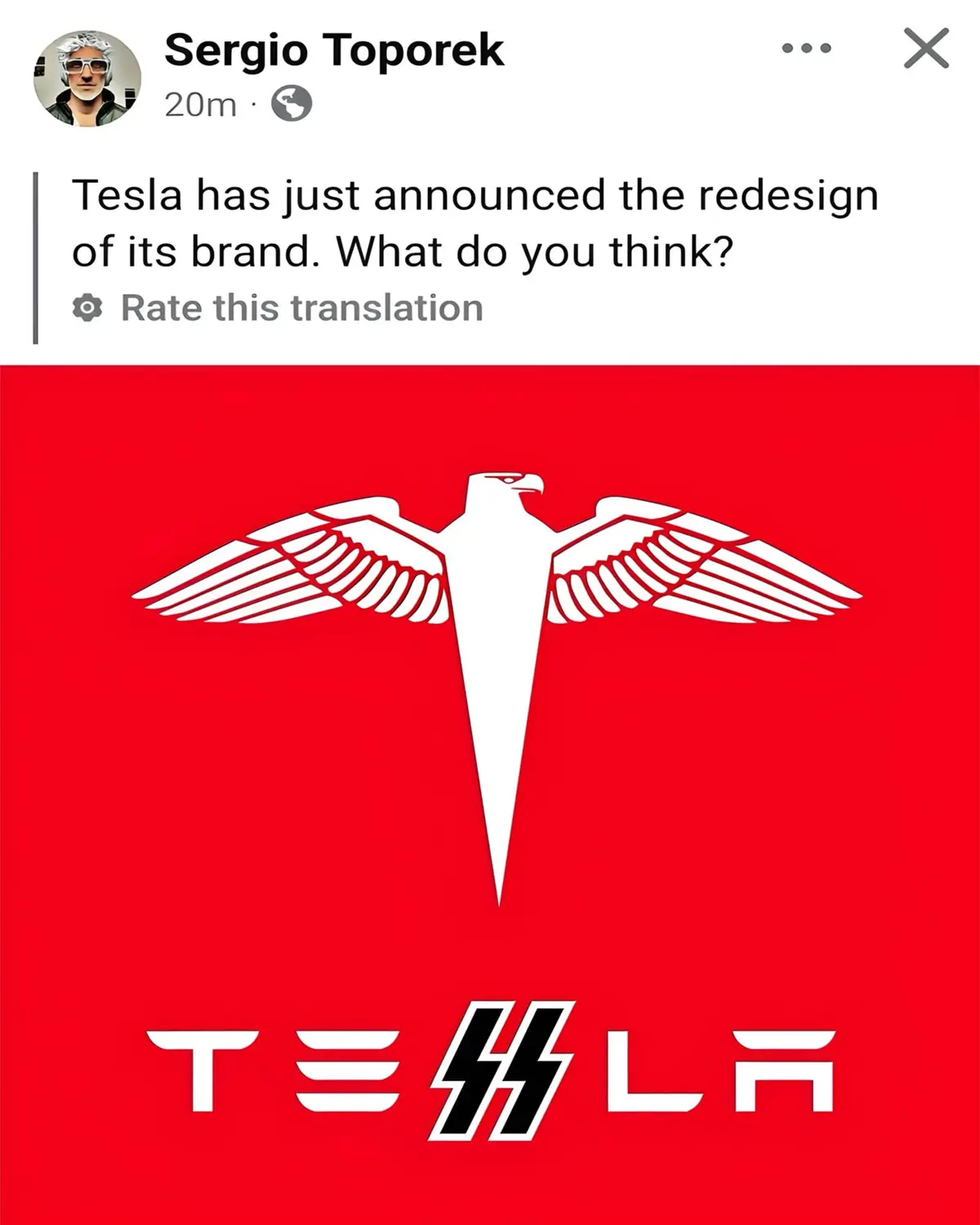 A social media post by Sergio Toporek shows a mock-up of a Tesla brand redesign featuring a white eagle logo on a red…