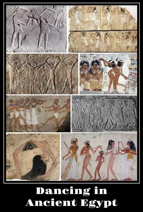 A collage of eight images showing ancient Egyptian wall carvings and paintings depicting various figures in dynamic dance…