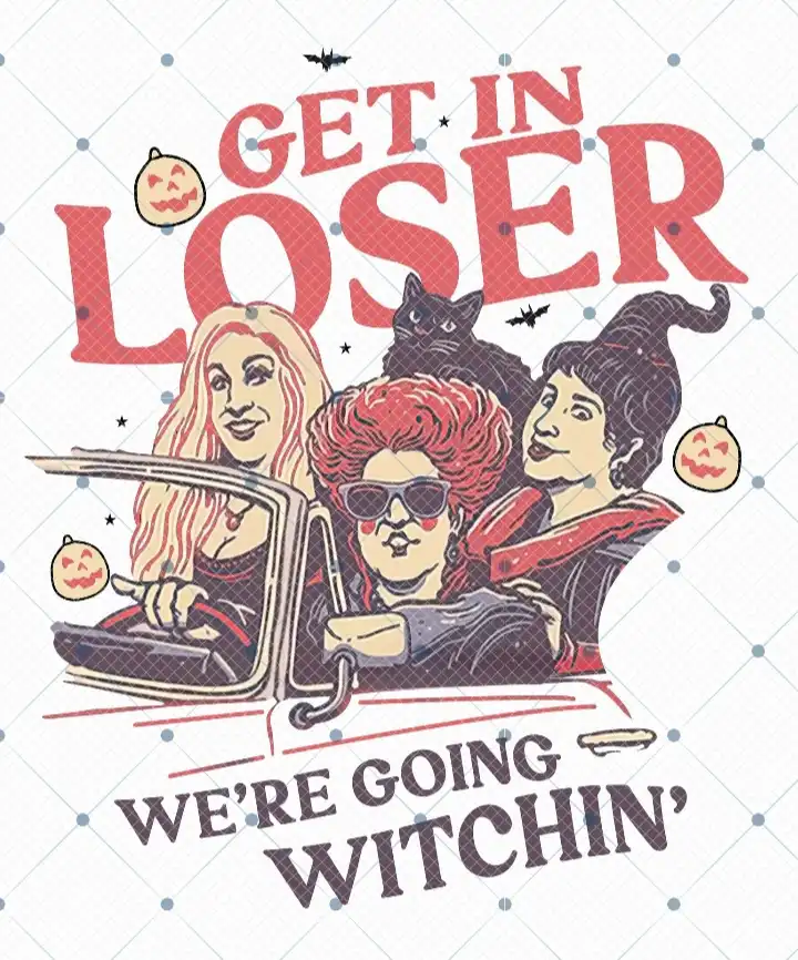 An illustration shows three women in a car, styled as witches from the movie 'Hocus Pocus', with one driving, one in the…