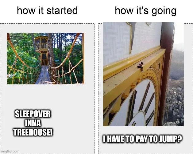 The meme is split into two panels. The left panel shows a photo of a wooden treehouse accessible by a rope bridge, with the…