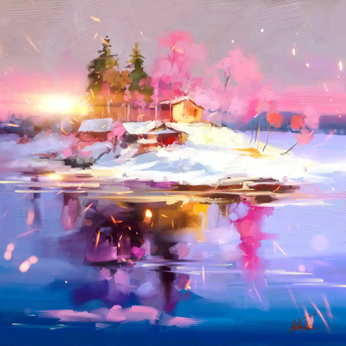 A painterly digital artwork depicts a snowy landscape with a small house and trees under a pink and orange sky, reflected in…