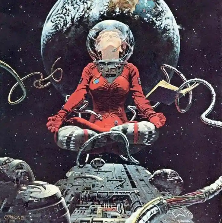 An astronaut in a red spacesuit sits cross-legged in meditation pose in space, with Earth visible behind them. Wires and…