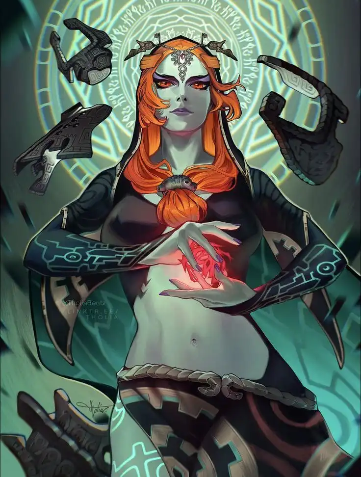 An illustration of a pale-skinned woman with orange hair and ornate dark armor, holding a glowing red heart in her hands…