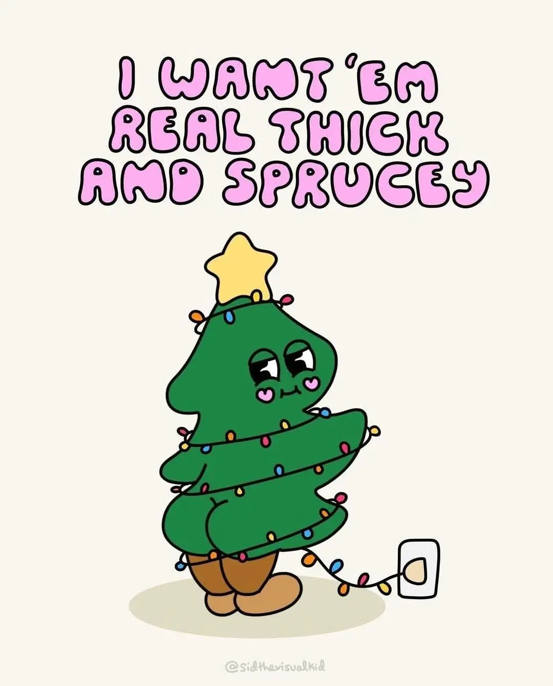 A cartoon Christmas tree with a face, wearing brown pants and standing on a light-colored floor, has colorful string lights…