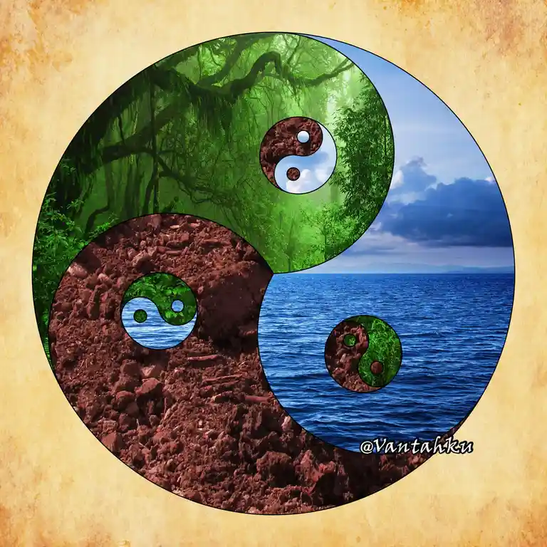 A yin-yang symbol is filled with nature imagery: the green half shows a dense forest, the blue half shows an ocean, and each…