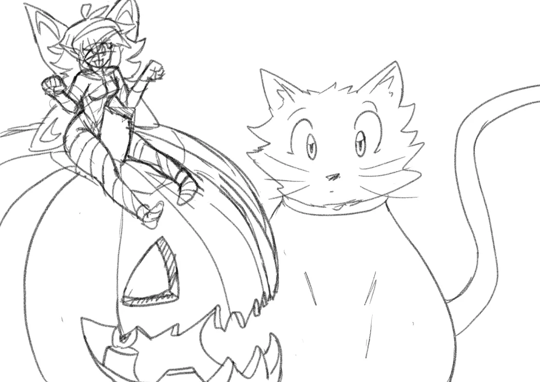 A black-and-white line drawing shows a cartoon cat with a surprised expression standing beside a large jack-o'-lantern. A…