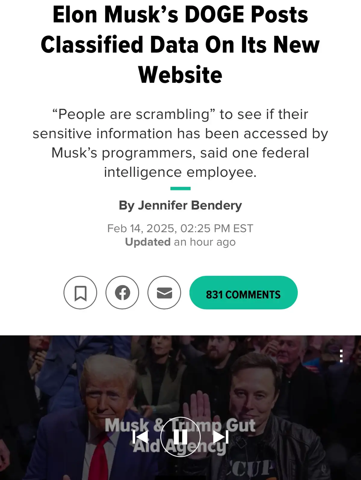 The image shows a mock news article with a headline about Elon Musk's DOGE posting classified data, featuring a photo of…