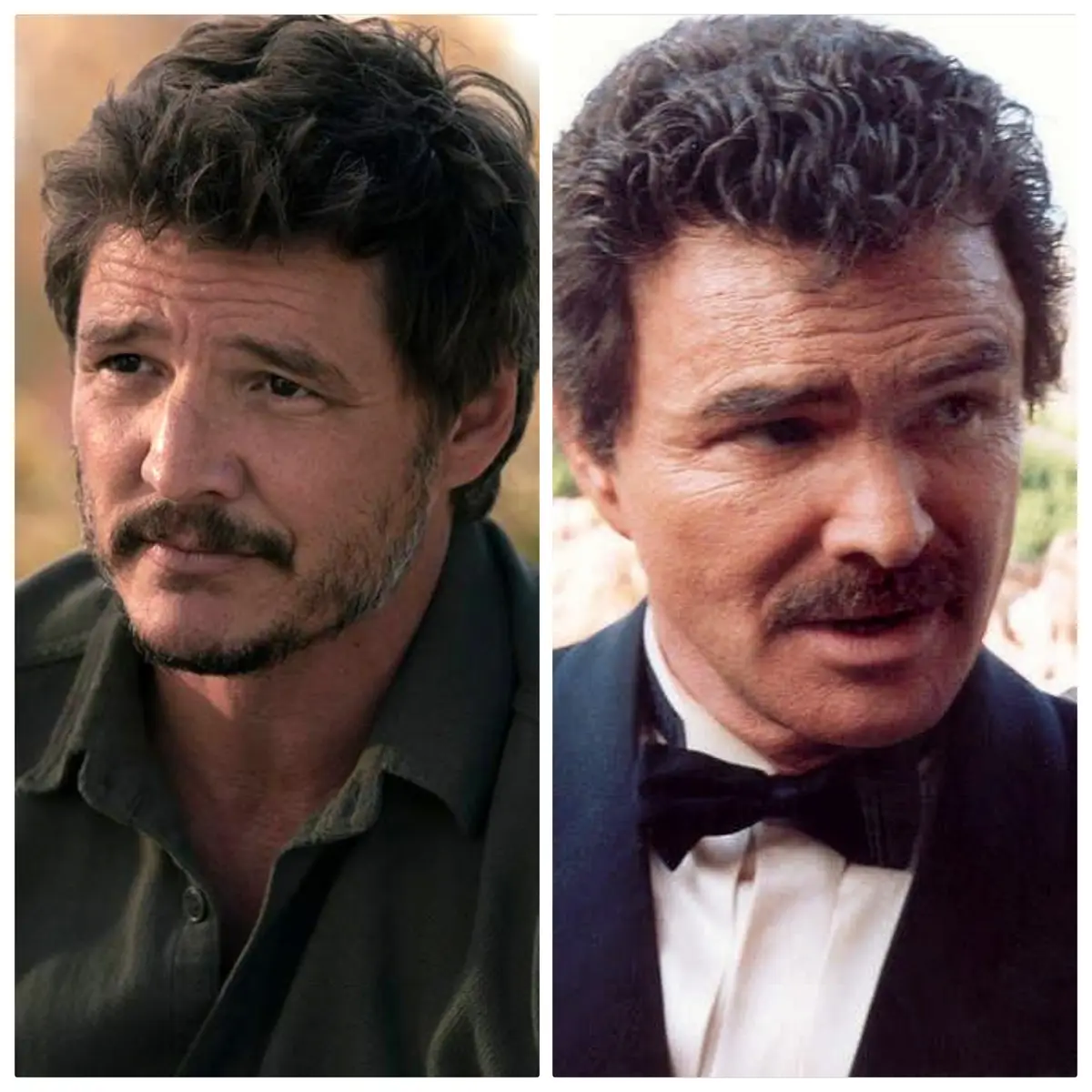 The image shows actor Pedro Pascal in two side-by-side photos. On the left, he wears a casual dark shirt with a rugged…