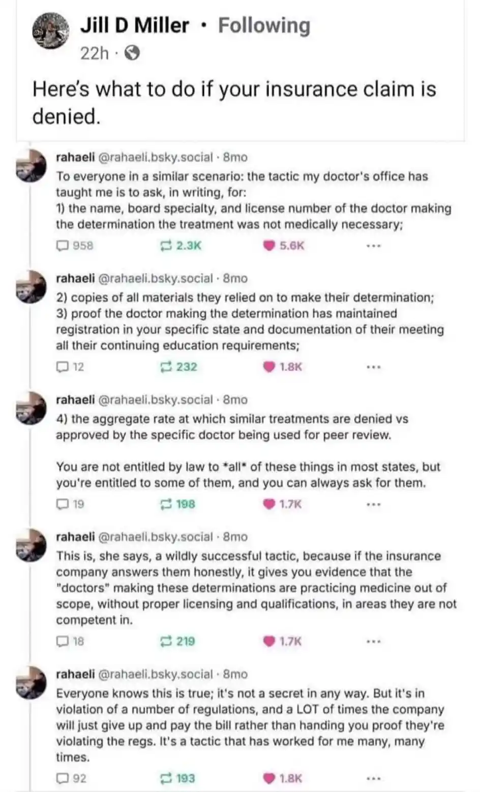 A screenshot of a social media post by Jill D Miller, reposting a thread by 'rahaeli' on Bluesky. The thread details a…