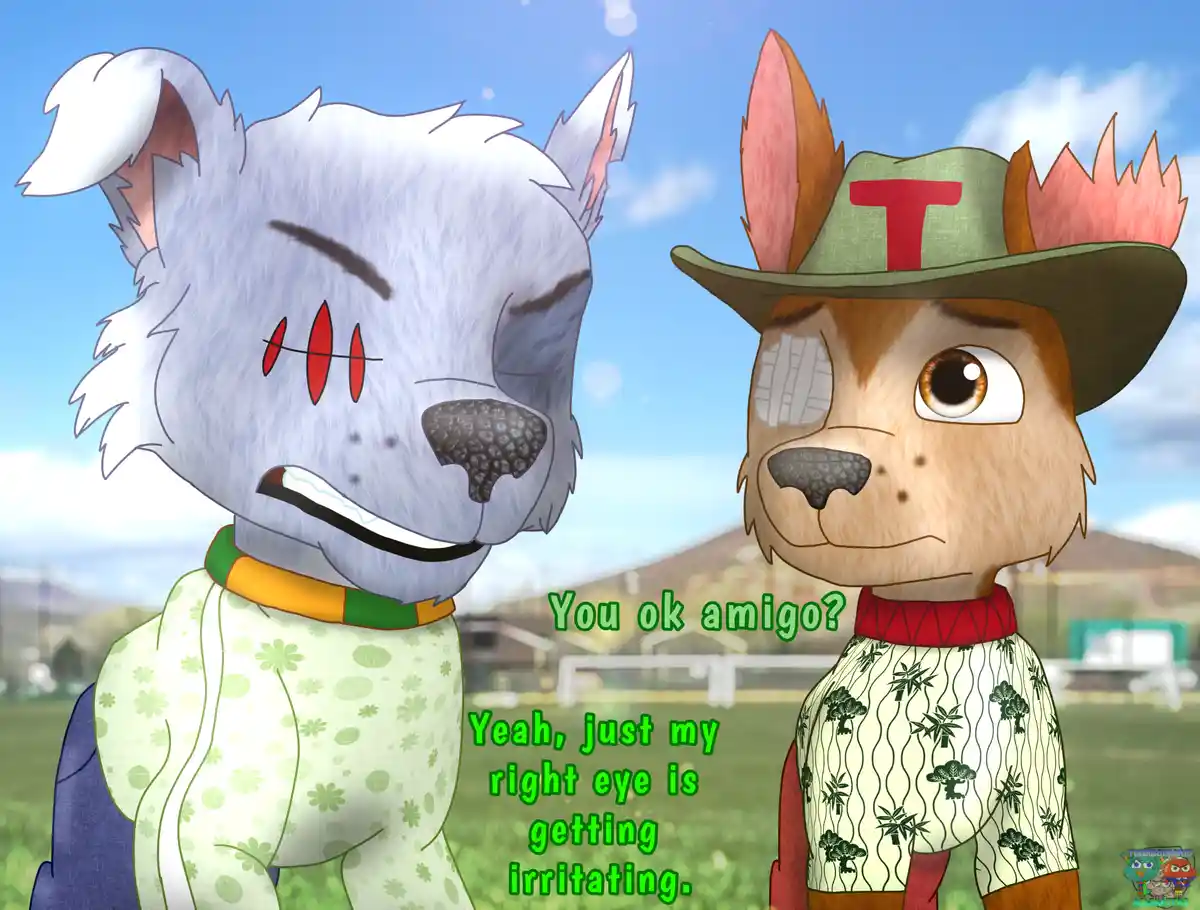 Two cartoon canine characters stand outdoors; the one on the left has a stitched-up face and looks annoyed, while the one on…