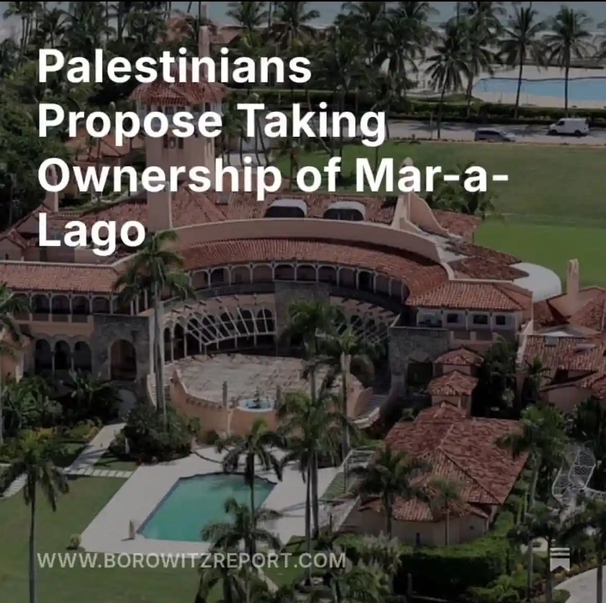 An aerial photo of the Mar-a-Lago estate, featuring its distinctive terracotta-roofed architecture, palm trees, and swimming…