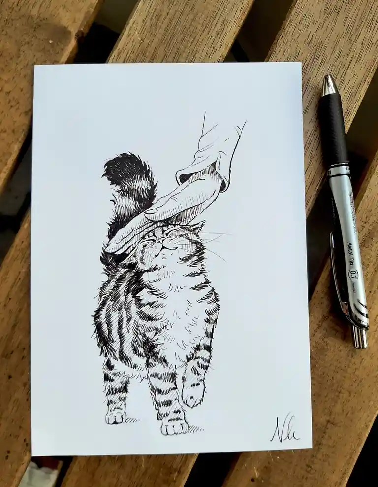 A black-and-white ink drawing on white paper shows a tabby cat standing upright with its eyes closed and tail raised, as a…