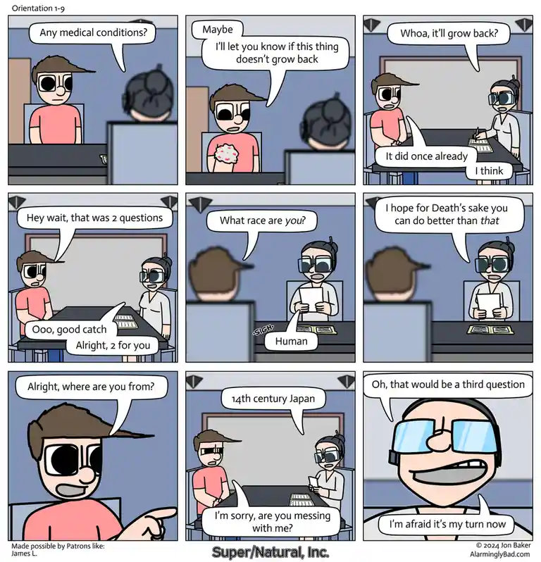 A nine-panel comic strip shows a man with a missing ear answering questions during an orientation. He jokes about his ear…