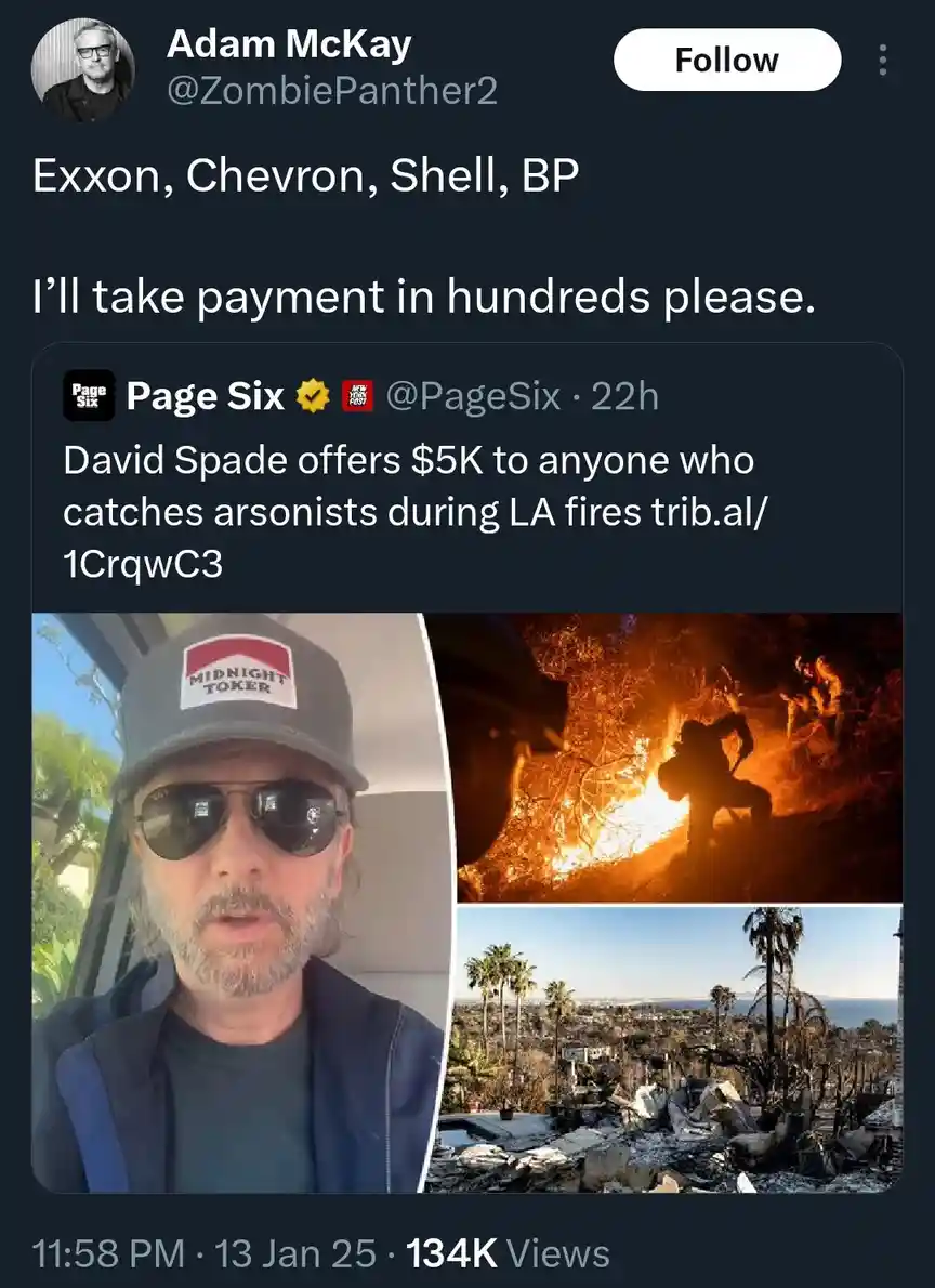 A screenshot of a tweet by Adam McKay showing a news article about David Spade offering $5K for catching arsonists during LA…