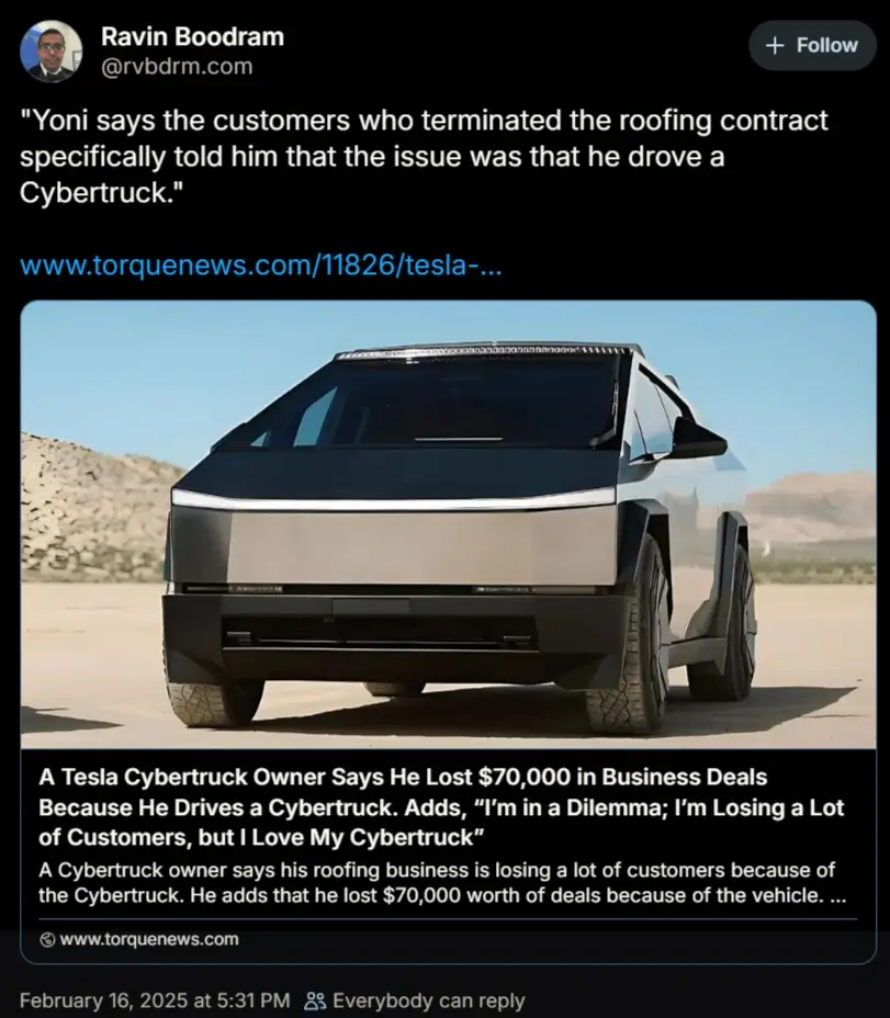 A screenshot of a tweet by Ravin Boodram showing a front view of a Tesla Cybertruck in a desert setting. The tweet quotes a…