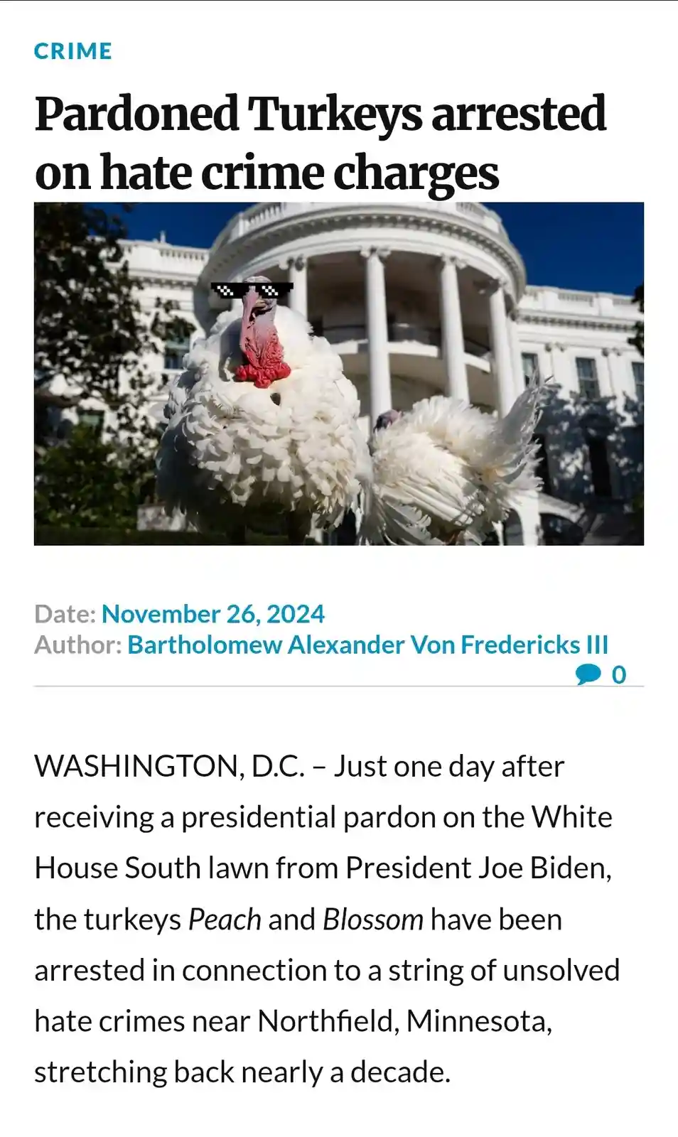 A meme styled as a fake news article with the headline 'Pardoned Turkeys arrested on hate crime charges' and a photo of two…