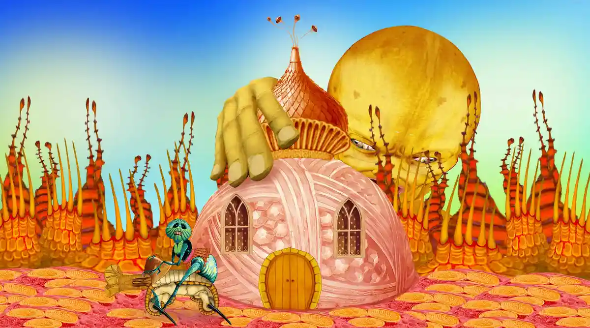 A surreal, colorful illustration depicts a giant, yellow-skinned alien with a large head and a giant hand resting on a pink…