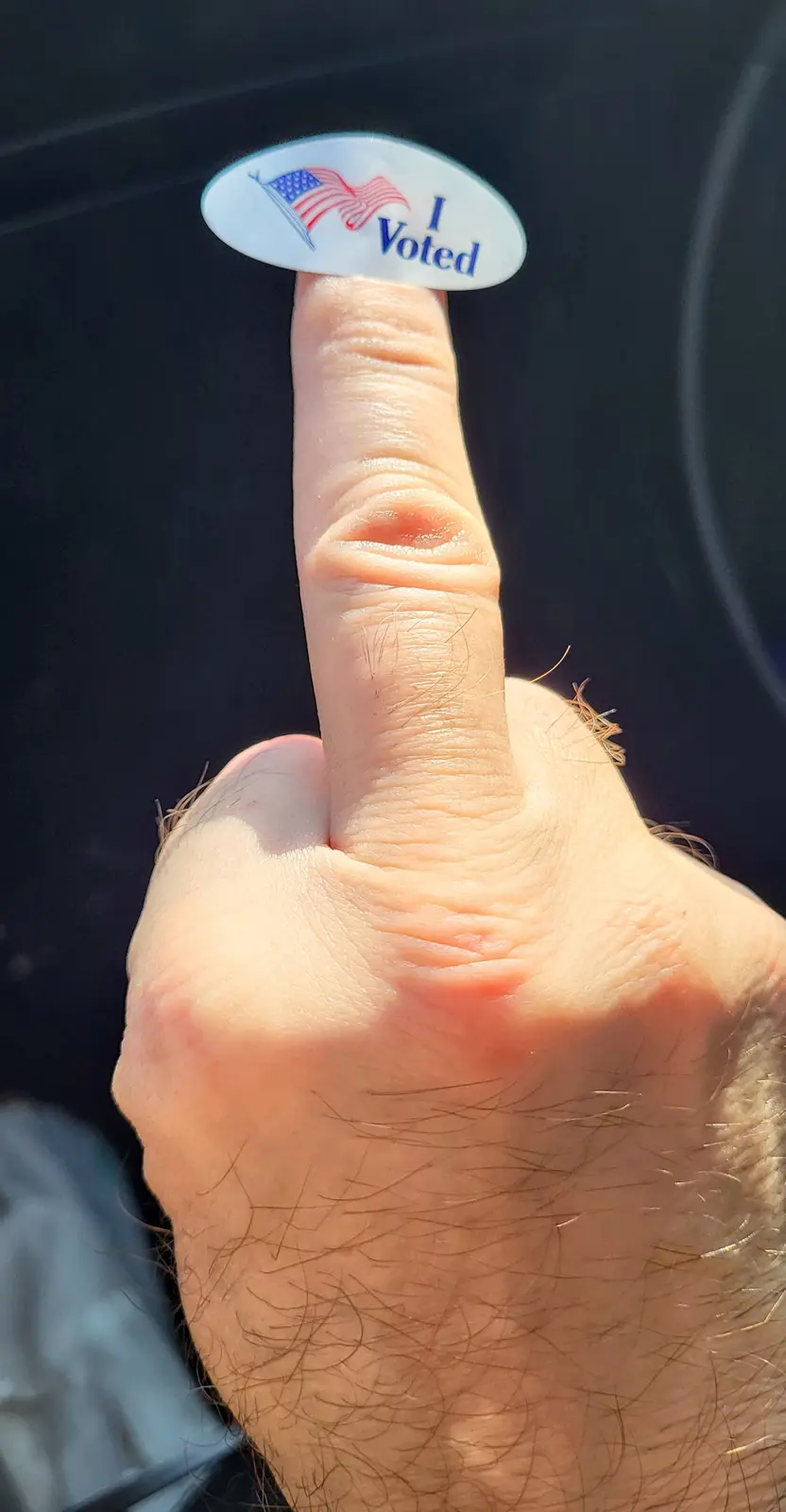 A close-up photo shows a person's finger with an 'I Voted' sticker featuring an American flag, held up against a dark…