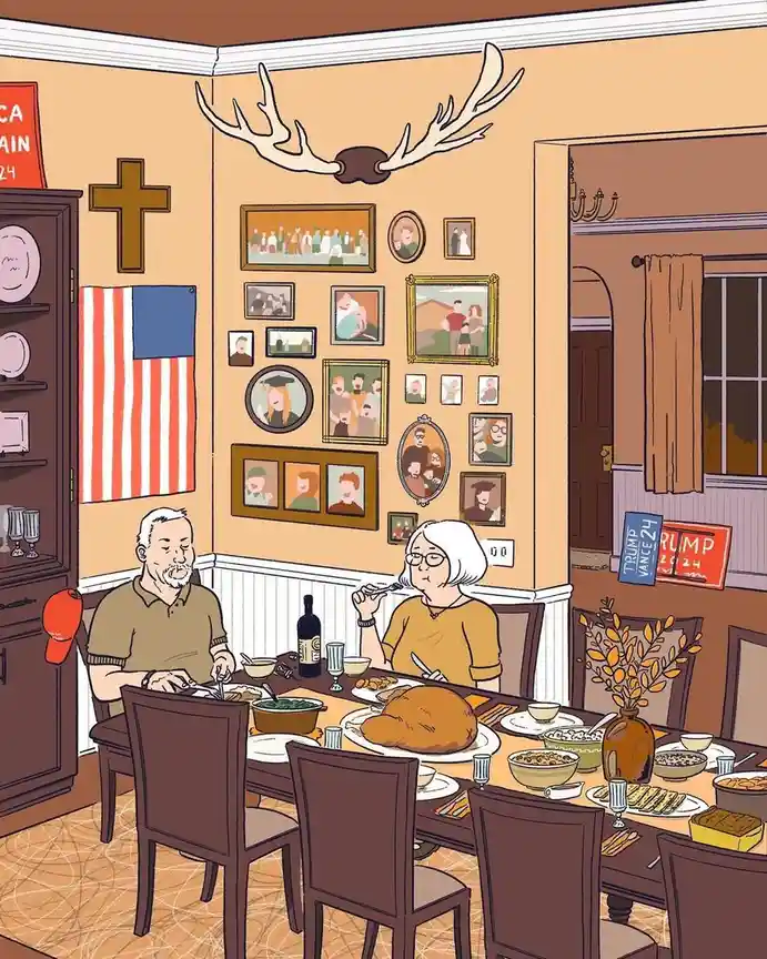 An illustrated Thanksgiving dinner scene with an older couple at a long table with a turkey, surrounded by American flags…