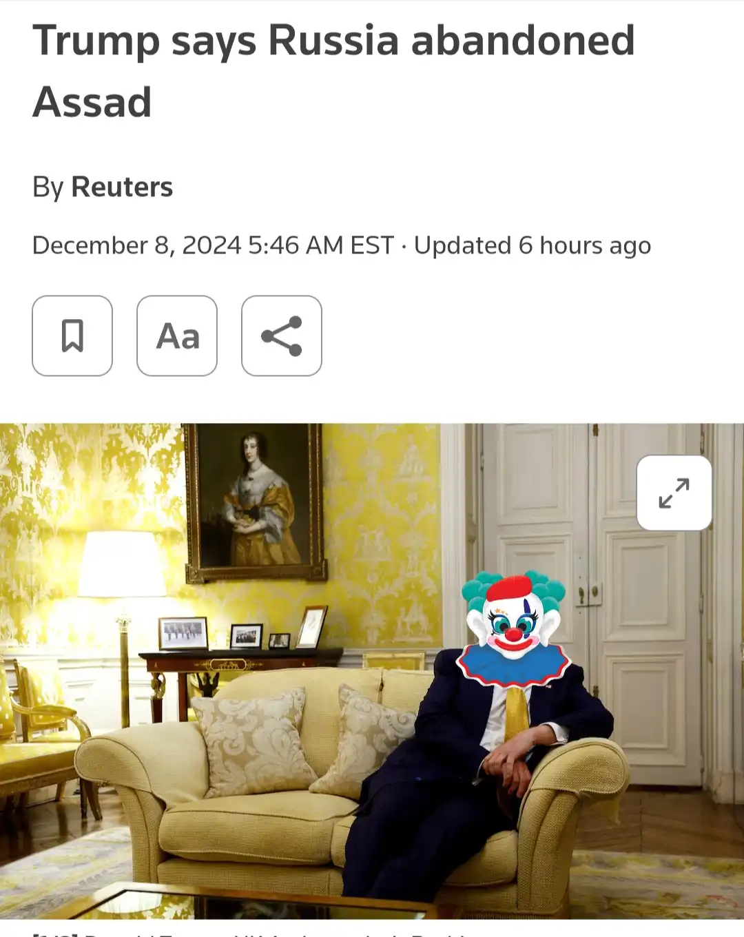 A screenshot of a Reuters news article dated December 8, 2024, with the headline 'Trump says Russia abandoned Assad'. Below…