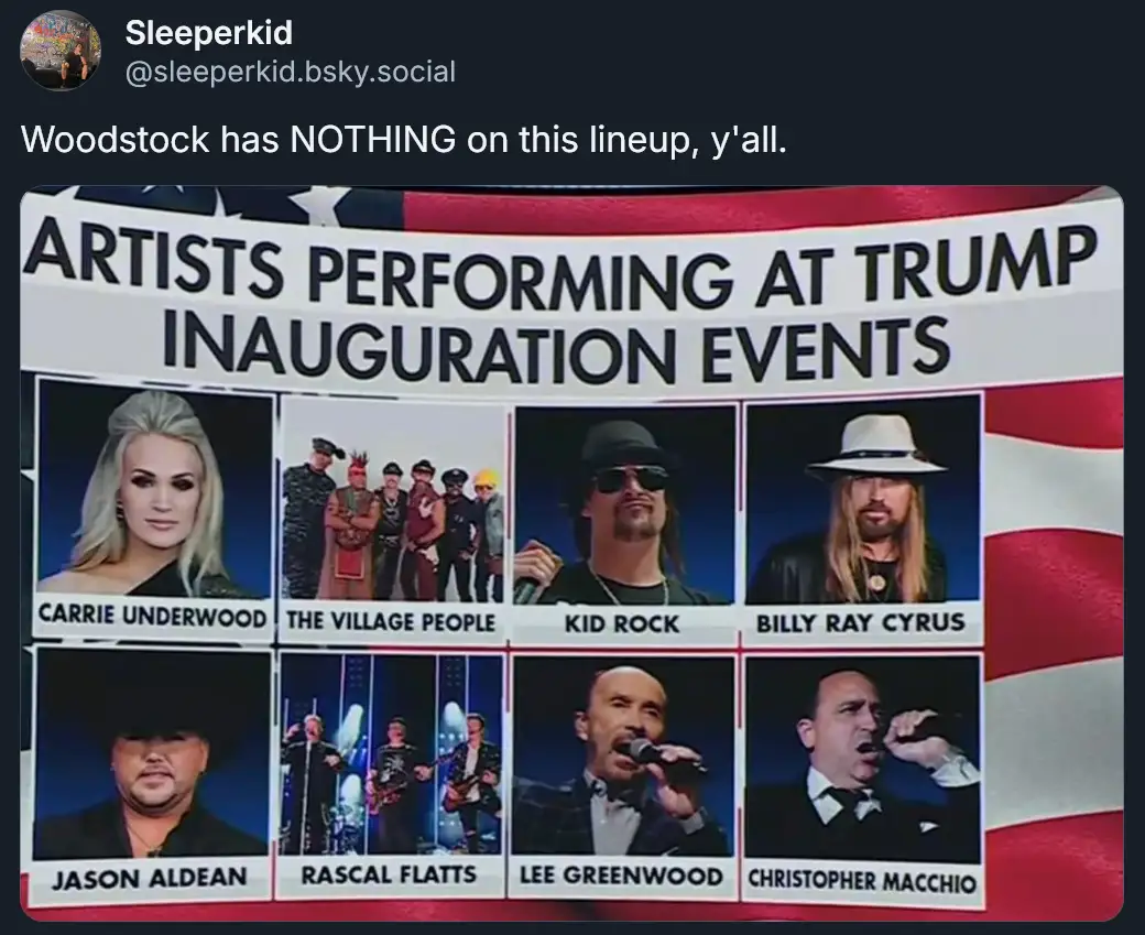 An image displays a poster titled 'ARTISTS PERFORMING AT TRUMP INAUGURATION EVENTS' featuring eight photos of musicians…