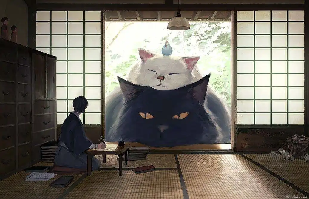 A person in traditional Japanese attire sits at a low table writing, facing a massive, serene white cat with a small blue…