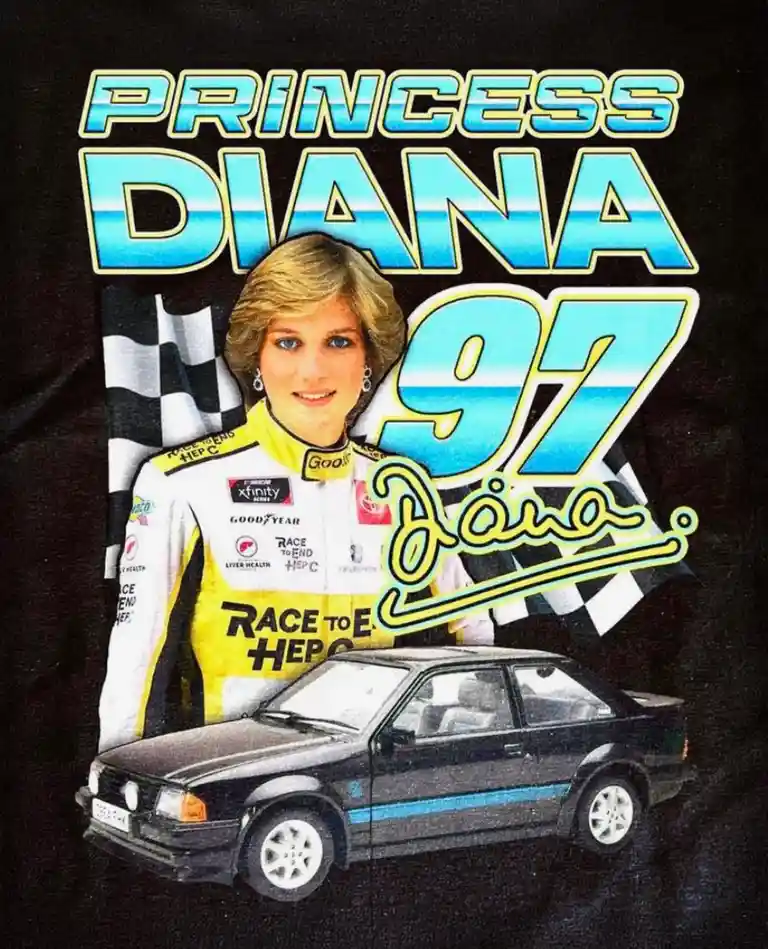 A black t-shirt graphic features a photo of Princess Diana in a yellow and white NASCAR-style racing suit with sponsor logos…
