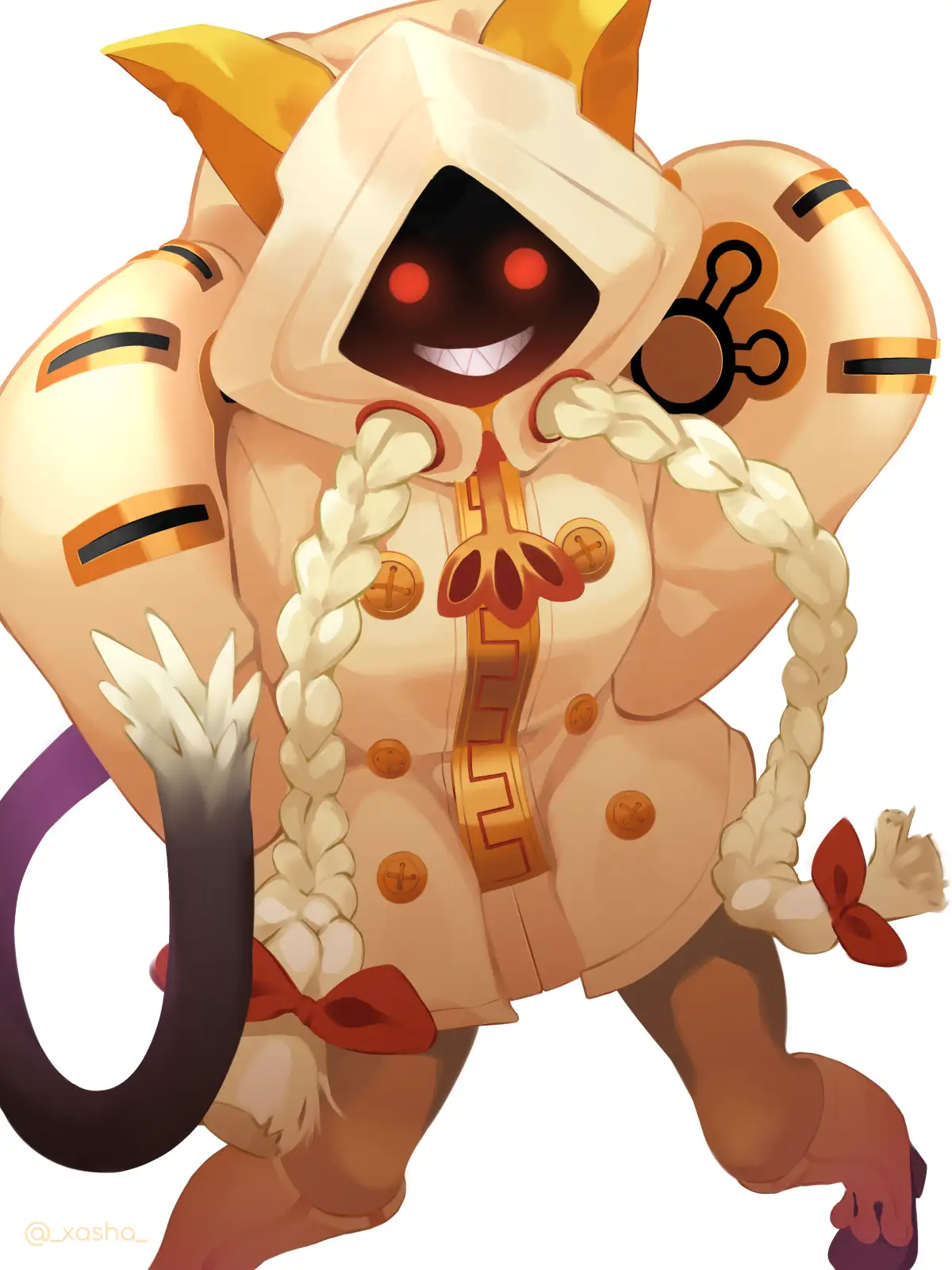 An anime-style anthropomorphic character with cat-like ears and a long tail, wearing a beige hooded outfit with braided…