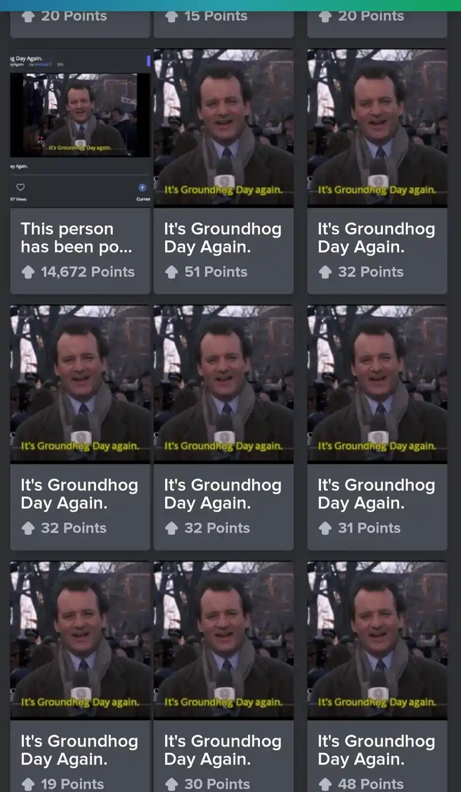 A screenshot of a Reddit-style interface showing multiple identical posts. Each post features a still image of actor Bill…