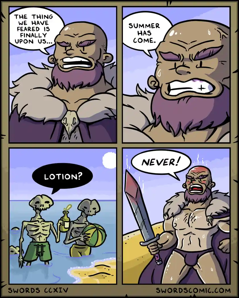 A four-panel comic strip shows a muscular, bearded barbarian reacting with horror to the arrival of summer. In the first…