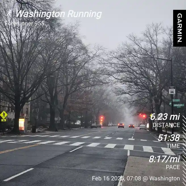 A screenshot of a Garmin Forerunner 955 running GPS watch displaying a workout from Washington on February 16, 2025. The…