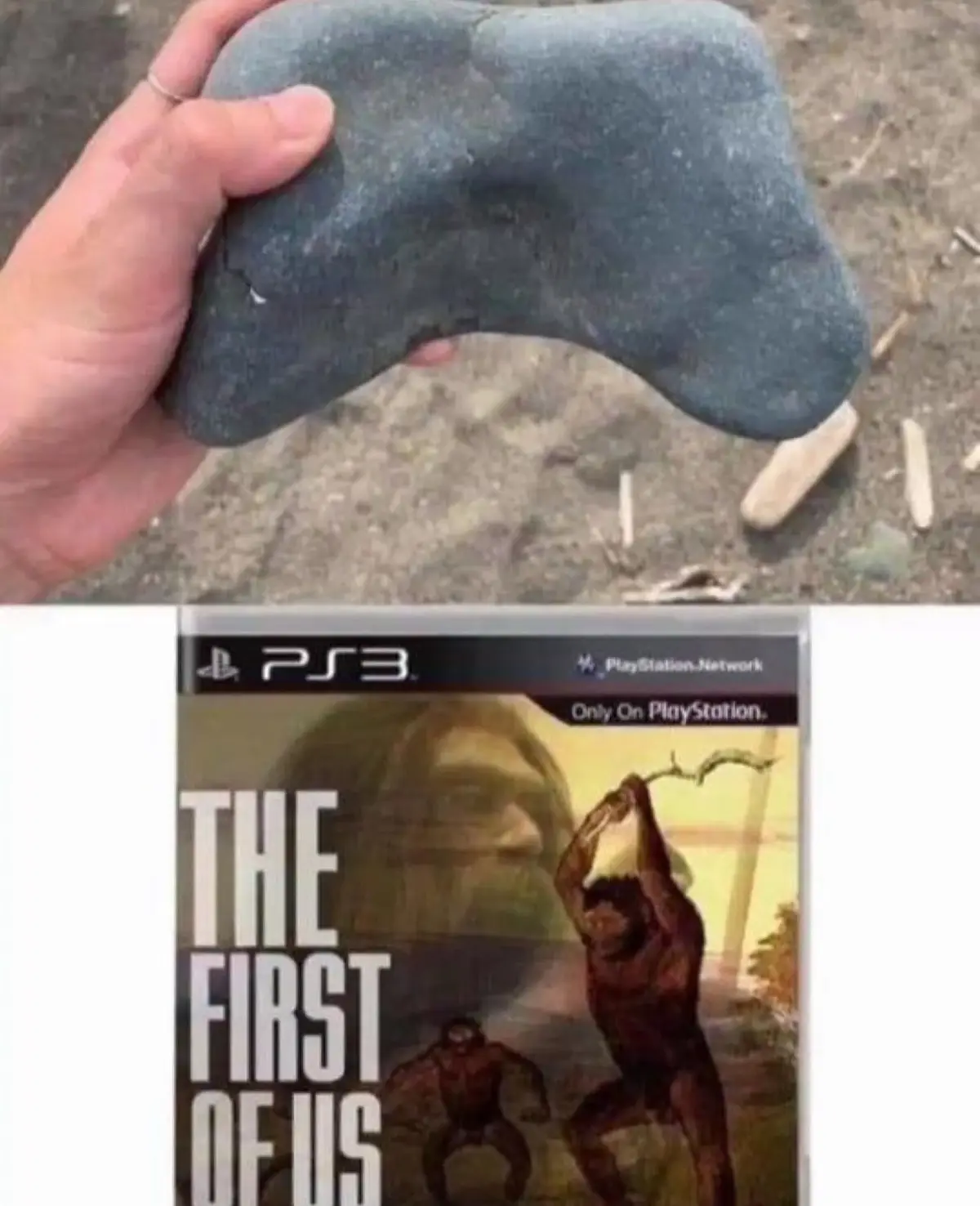 A hand holds a gray rock shaped like a PlayStation 3 controller, above a PS3 game cover for 'The First of Us' featuring…
