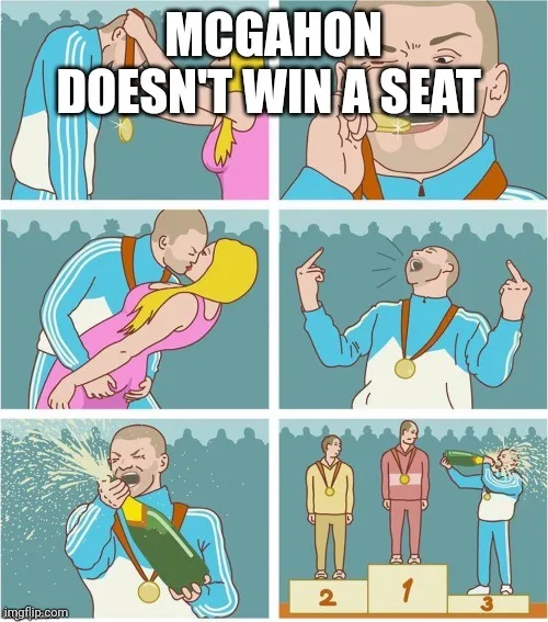 A six-panel comic strip shows a man in a blue tracksuit celebrating with a woman, then alone with a medal, then spraying…
