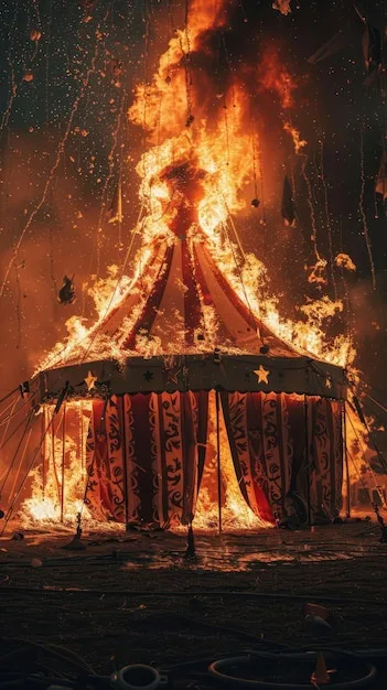 A circus tent is engulfed in flames, with fire consuming the top and sides, sparks flying, and the ground around it charred…
