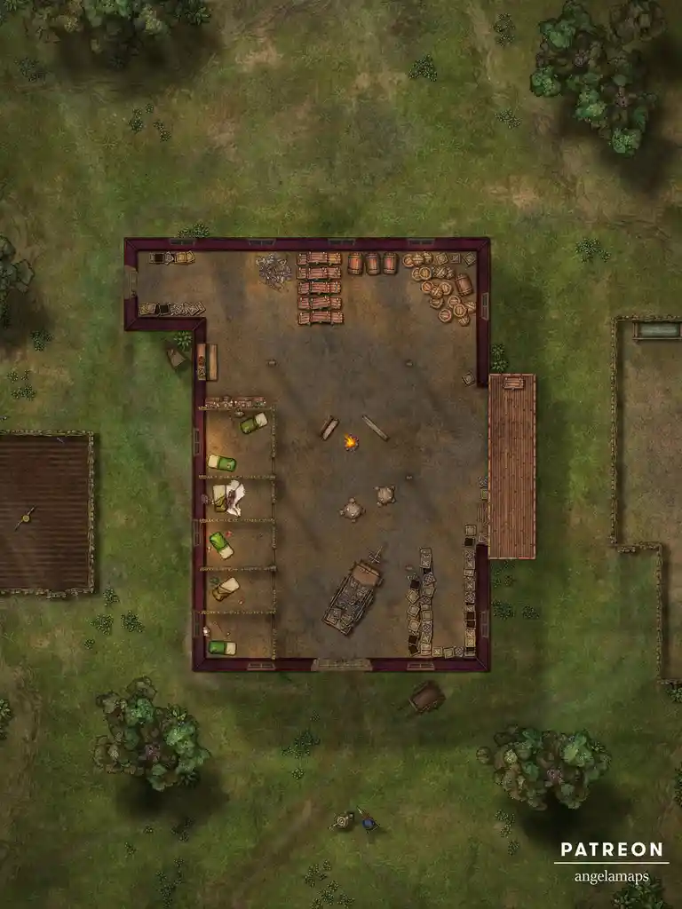 An overhead view of a fantasy tavern or camp with beds, barrels, crates, and a campfire inside a building surrounded by…