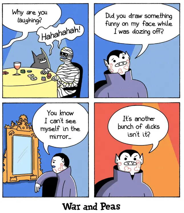 A four-panel comic strip featuring Batman and the mummy at a card table, then a vampire waking up to find drawings on his…