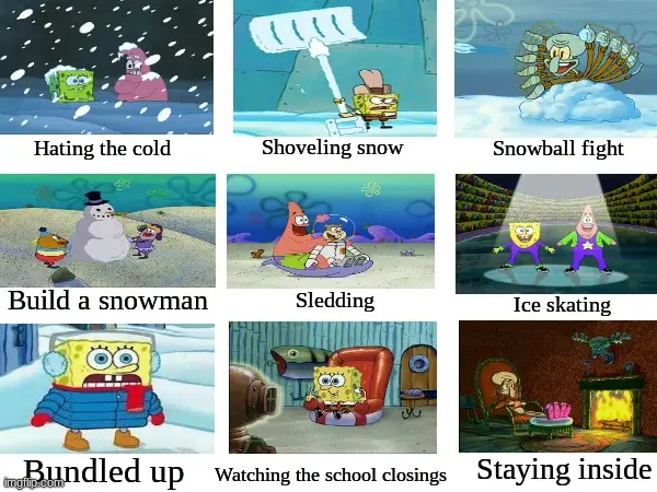 A nine-panel grid of SpongeBob SquarePants scenes depicting winter activities: hating the cold, shoveling snow, snowball…