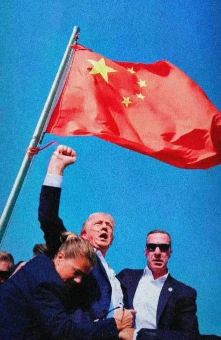 A manipulated image shows former U.S. President Donald Trump raising his fist while a Chinese flag waves prominently in the…