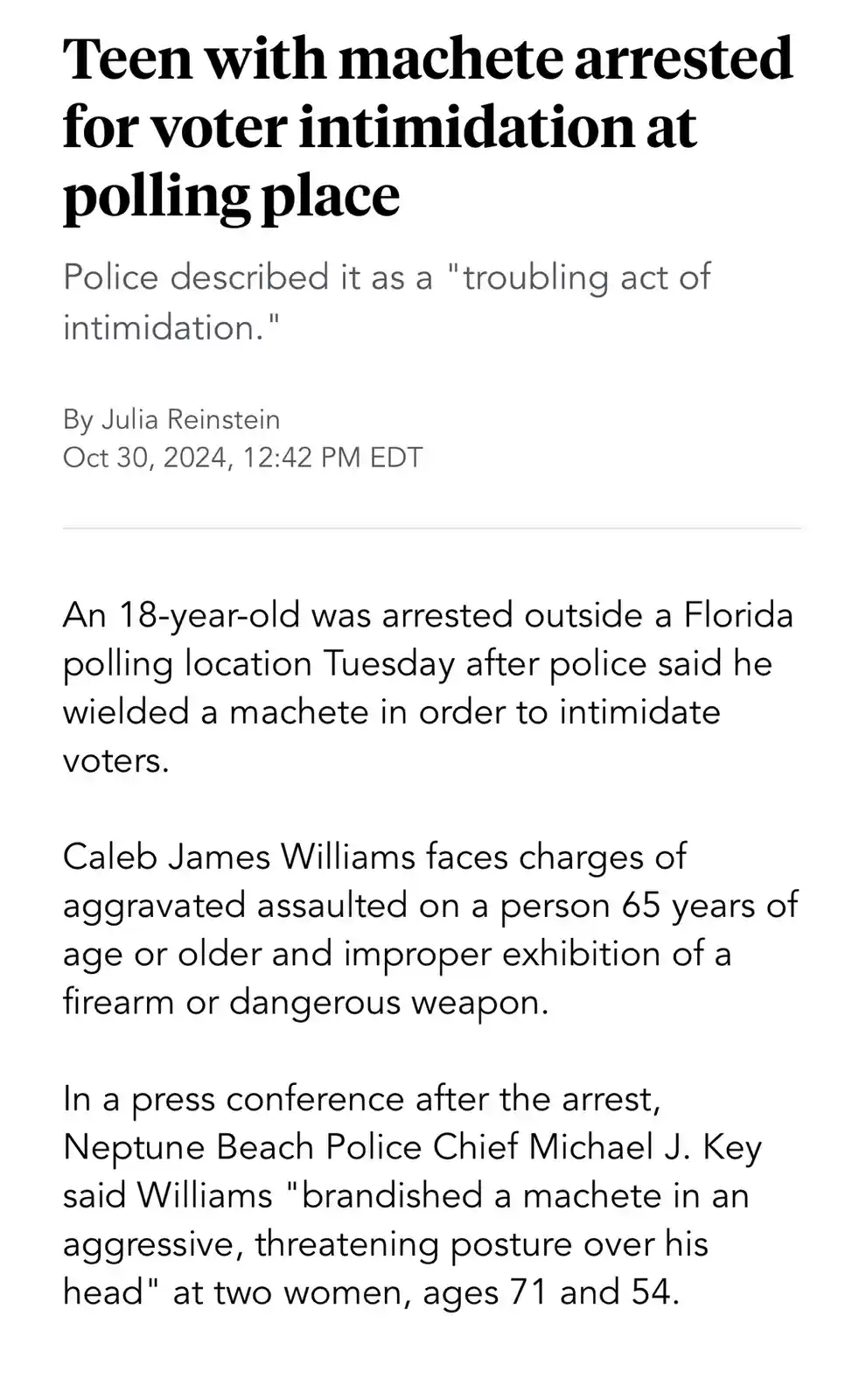 The image displays a screenshot of a news article with the headline 'Teen with machete arrested for voter intimidation at…