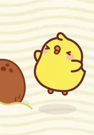 A six-panel comic strip featuring a cute yellow chick character interacting with a brown egg. In the first panel, the chick…