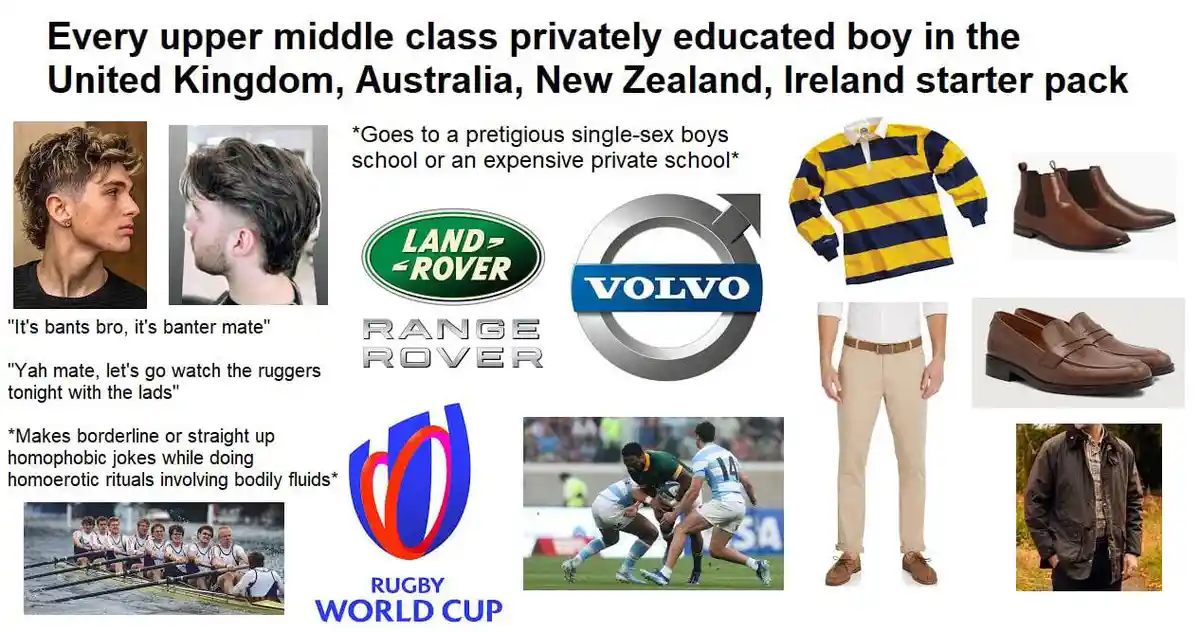 A collage titled 'Every upper middle class privately educated boy in the United Kingdom, Australia, New Zealand, Ireland…
