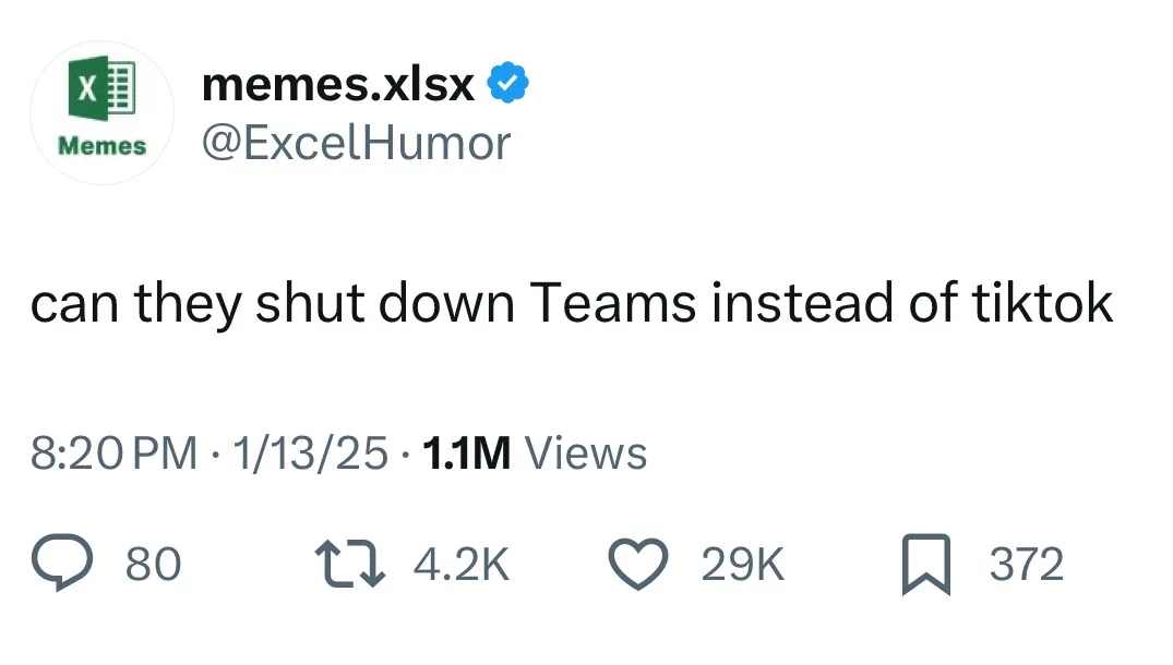 A screenshot of a tweet from the verified account 'memes.xlsx' (@ExcelHumor) displaying the text 'can they shut down Teams…