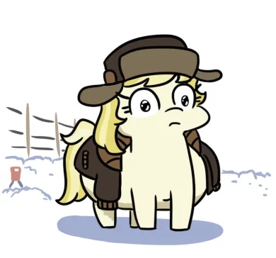 A cartoon pony with blonde hair and a brown hat stands in a snowy field, looking confused or concerned. The pony wears a…